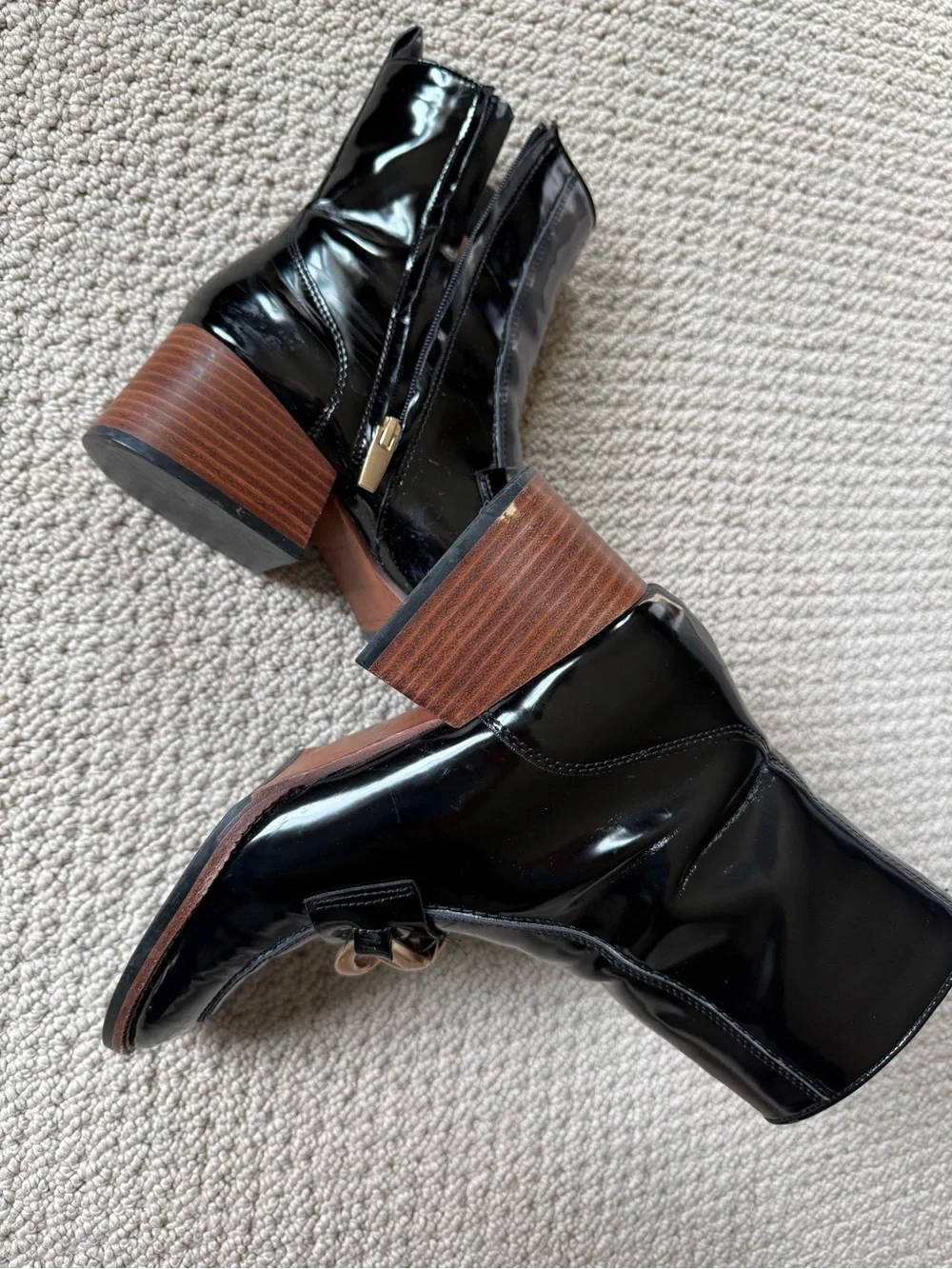 Steve Madden Black Patent Ankle Boots with Gold Chain Accent